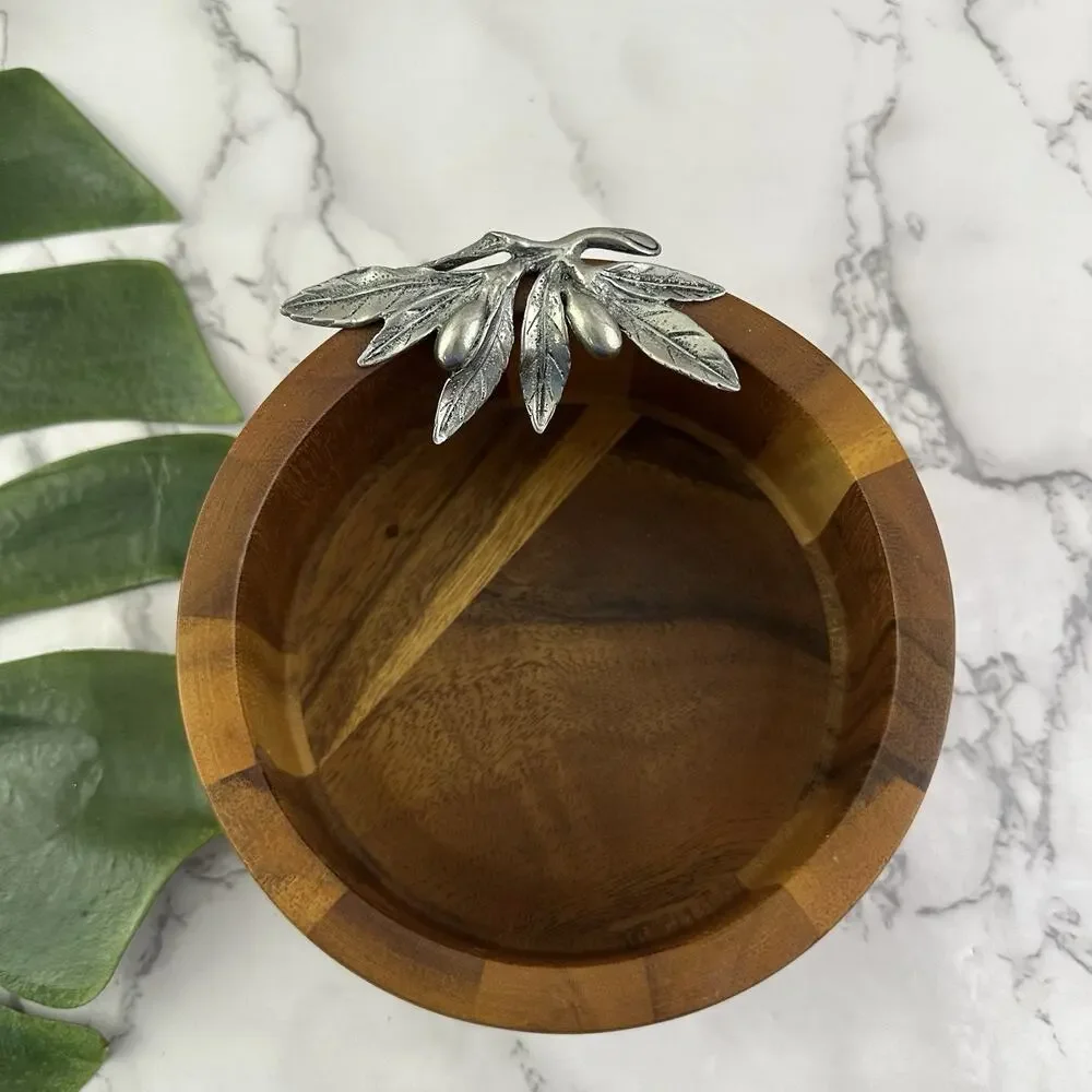 Vagabond House Wood Olive Bowl Brown Pewter Silver Trim Small Serving